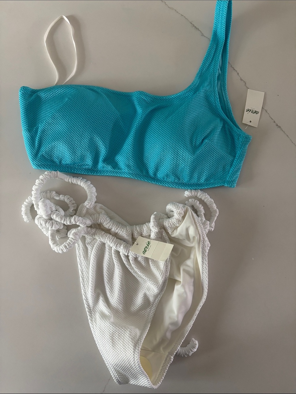 aerie Turquoise One-Shoulder Bikini Top with White tie Bottoms